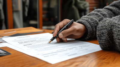 A hand holding a pen and filling out a form